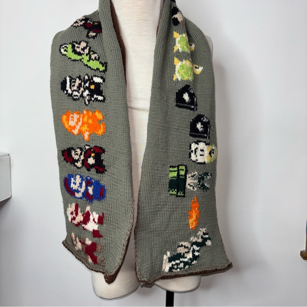 Hand Knit Super Mario Bros Themed  Scarf  10” X 64” OOAK